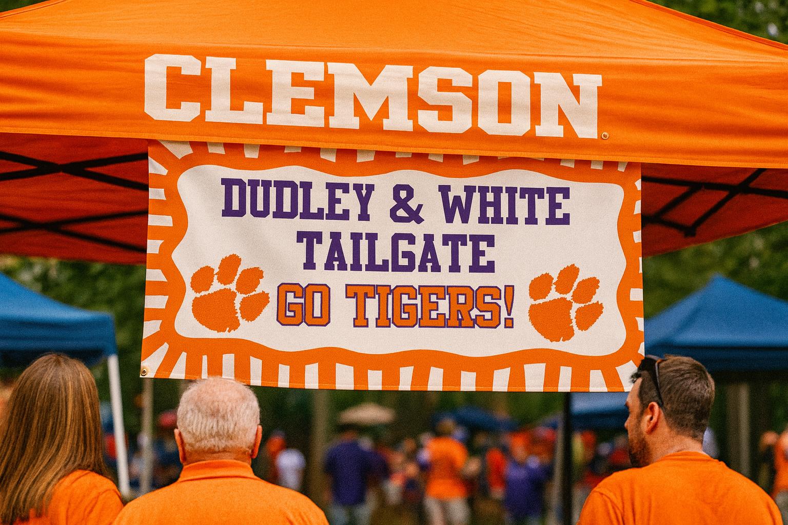 Custom orange and purple football tailgate banner displayed under a game day tent with team spirit paw print design