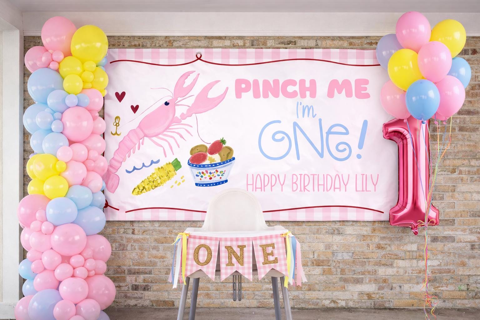 Pinch Me I’m One Crawfish Boil Birthday | Crawfish Birthday Banner | Girl Birthday Crawfish Party Banner, Pink Crawfish boil Backdrop
