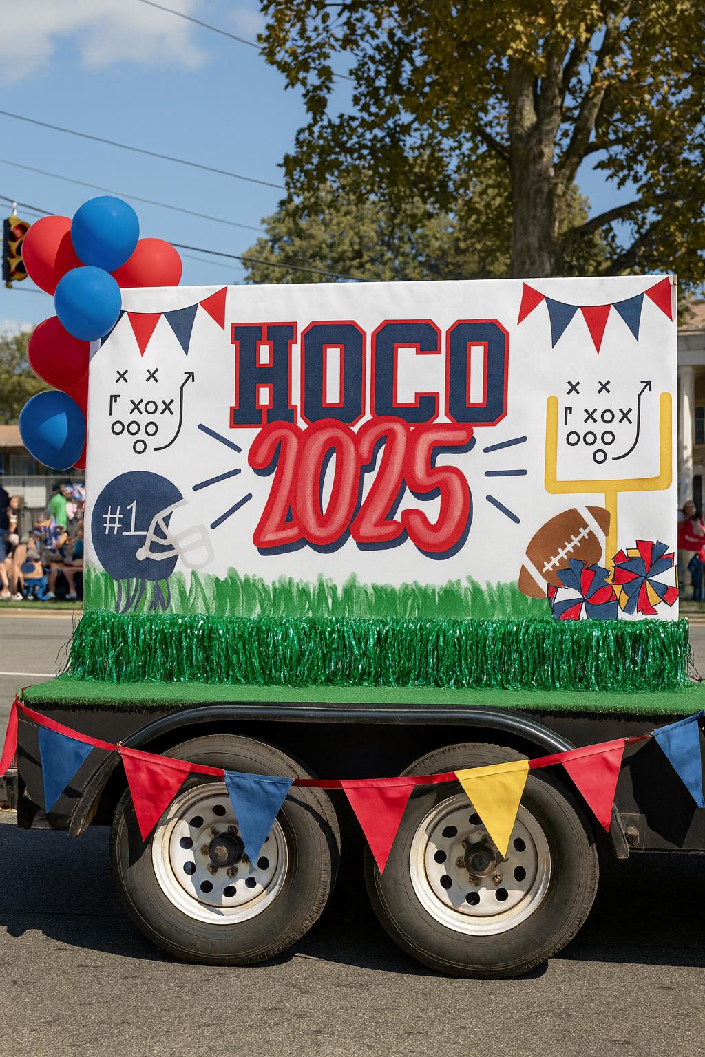 Custom Football HOCO homecoming banner personalized with school colors for a game day party or football backdrop.