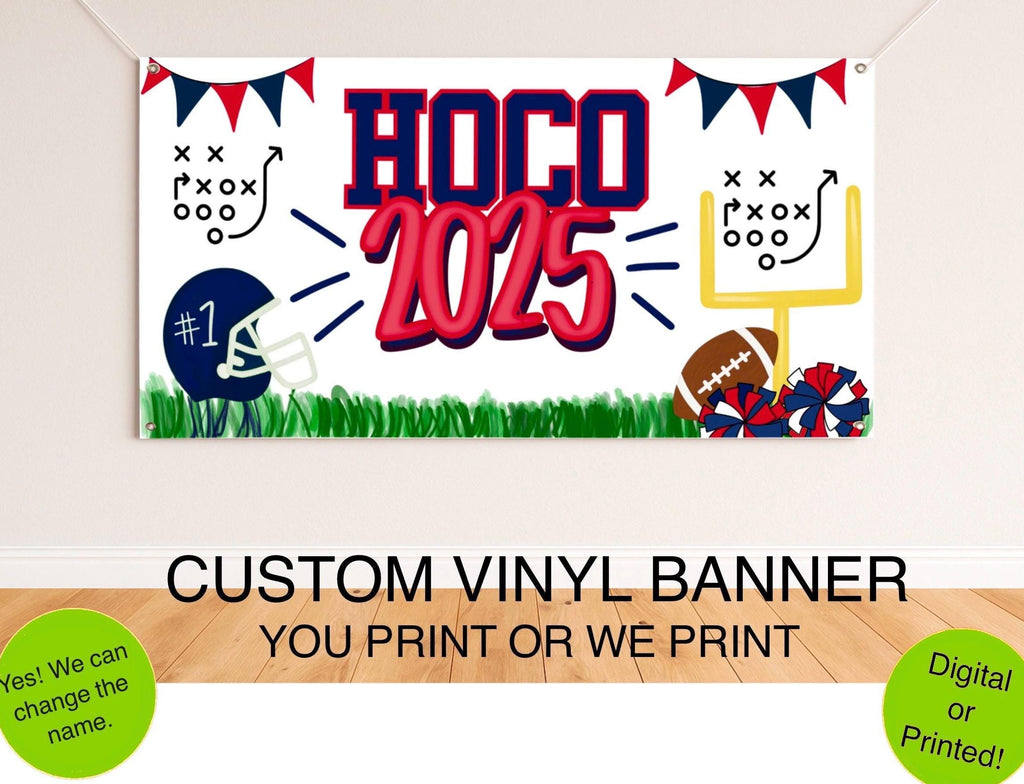 Custom Football HOCO homecoming banner personalized with school colors for a game day party or football backdrop.
