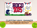 Custom Football HOCO homecoming banner personalized with school colors for a game day party or football backdrop.