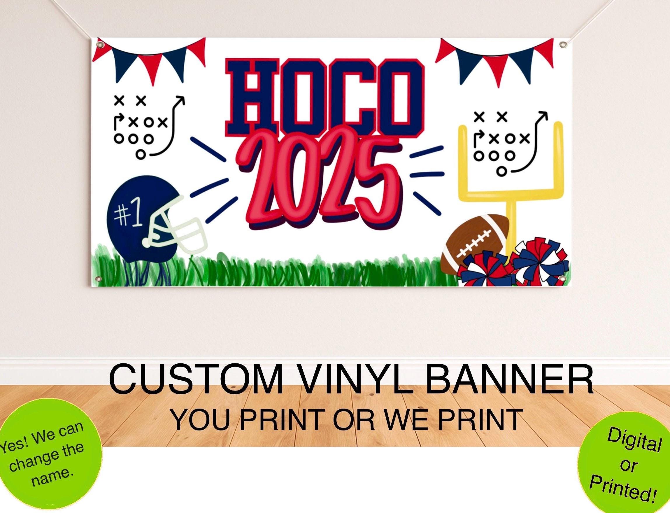 Custom Football HOCO homecoming banner personalized with school colors for a game day party or football backdrop.