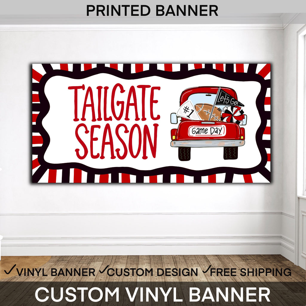 Personalized football tailgate banner for game day parties with custom team wording and football party backdrop design.