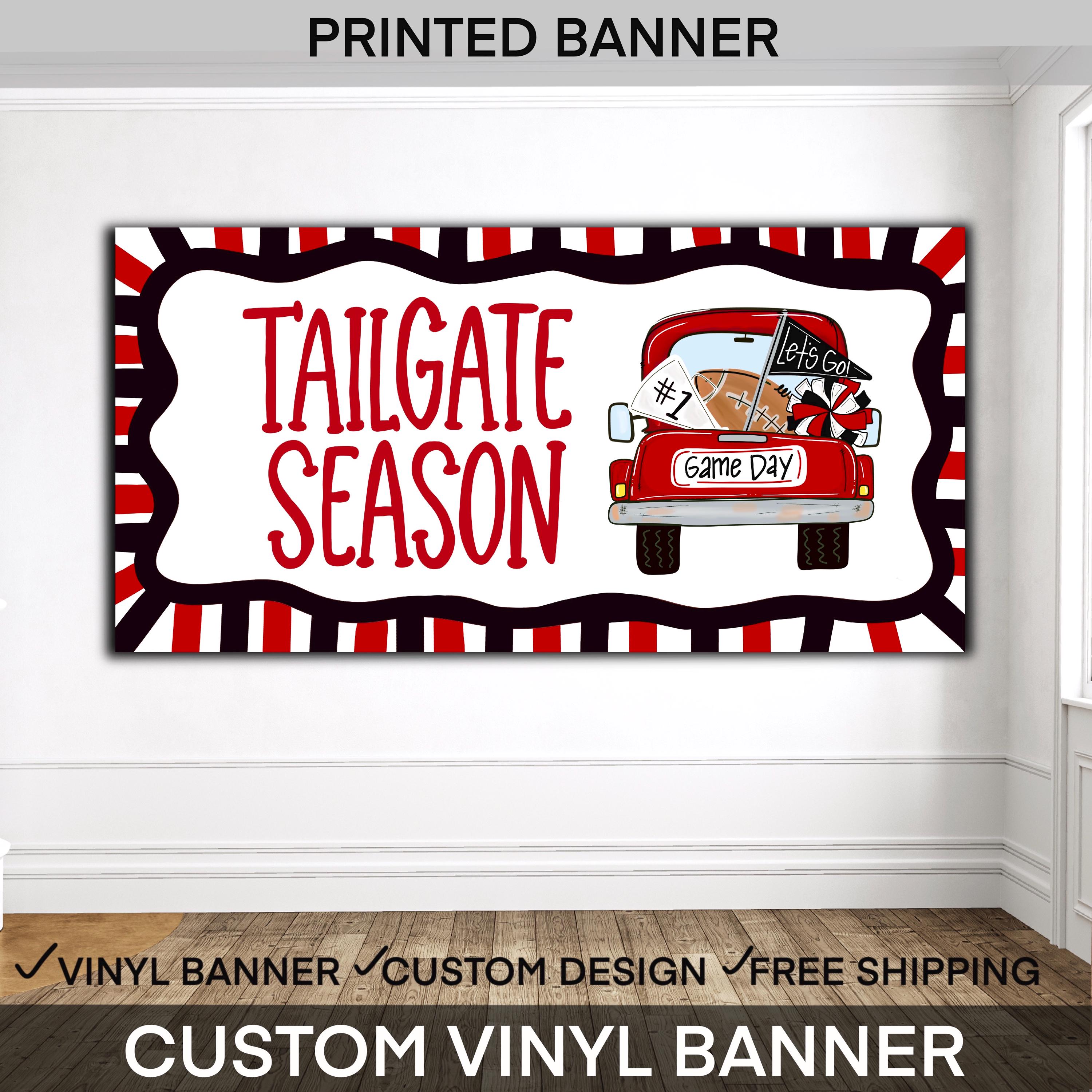 Personalized football tailgate banner for game day parties with custom team wording and football party backdrop design.