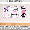 Personalized Halloween 1st birthday banner for a girl with pink and purple spooky one party design.