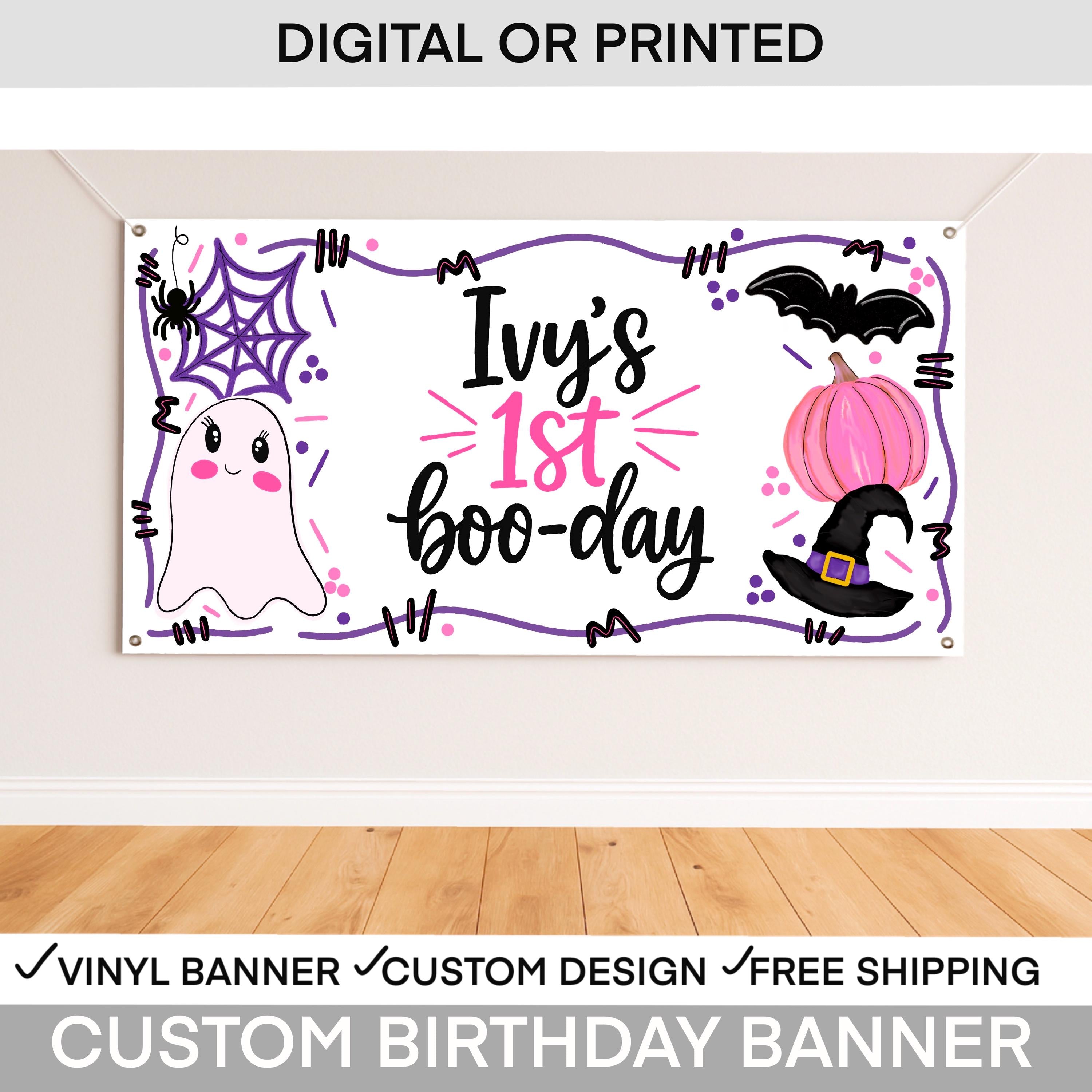 Personalized Halloween 1st birthday banner for a girl with pink and purple spooky one party design.